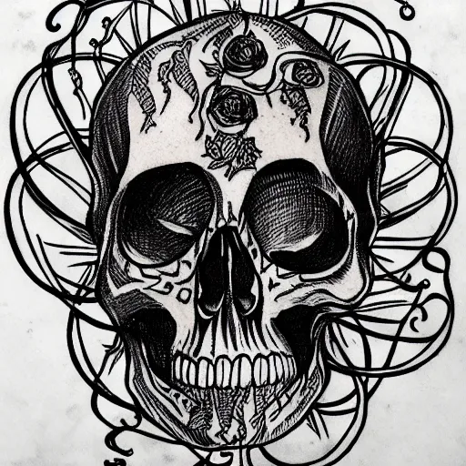 Image similar to baroque skull in the style of the Voynich manuscript outline tattoo design, black ink on white paper