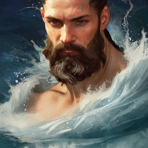 Prompt: ''face portrait of handsome poseidon from greek mythology, sea background, greece, fantasy, dungeons and dragons, d & d, digital painting, artstation, concept art, sharp focus, illustration, art by greg rutkowski and alphonse mucha''