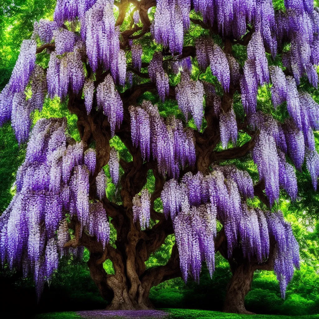 Image similar to full shot of wisteria tree on a black background. backlit. muted colors. fantasy magic style. highly detailed 8 k. intricate. lifelike. epic. movie poster. soft light. sony a 7 r iv 5 5 mm. cinematic post - processing