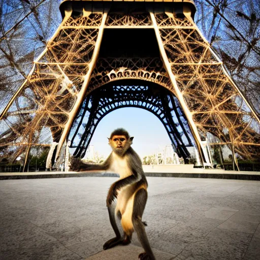 Image similar to high quality portrait of a monkey in front of eiffel tower, studio photograph, photograph, realistic photo, 8k photo, 4k photo, stock photo, high resolution, cinematic shot, high detail