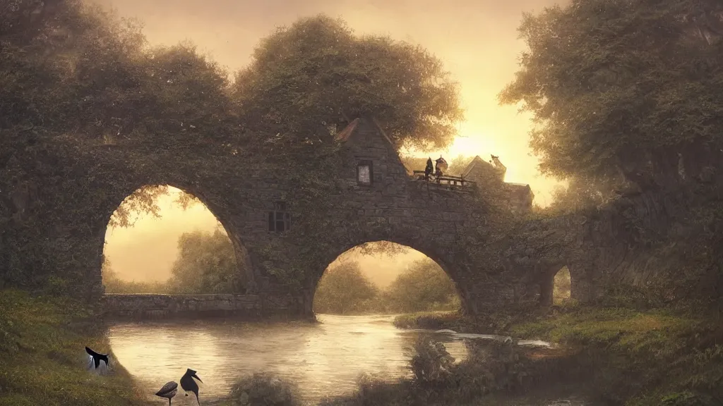 Image similar to small wooden cottage by the river, a tree with vines wrapped around it, two crows on the tree, tranquility, arch stone bridge over the river, an old man riding a horse on the bridge, sunset, by charlie bowater, by greg rutkowski