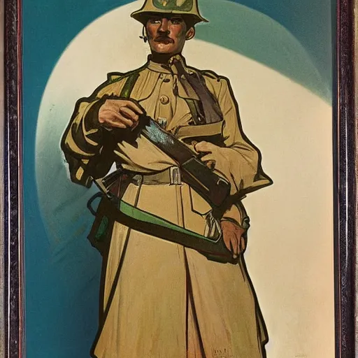 Image similar to ww 1 soldier, painted by alphonse mucha