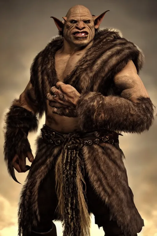 Image similar to A full body shot of a handsome orc!!! looking into the camera wearing a leather fur jacket and boots, full body shot, detailed face, portrait, artstation, realistic, highly detailed, symmetrical, D&D, Dungeons & Dragons, hyper realistic, dynamic pose, high detail, octane render, unreal engine, 8k, fantasy art, highly detailed, dramatic lighting, concept art