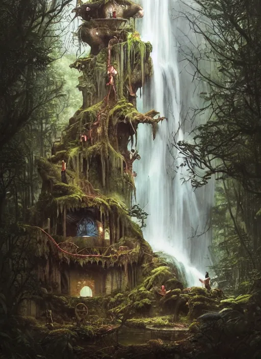 Image similar to a hyper realistic architectural witch shrine under a waterfall in the woods, gorgeous lighting, lush forest foliage, painting by chiara bautista and tom bagshaw, muca beksinski and norman rockwell and greg rutkowski weta studio, and lucasfilm