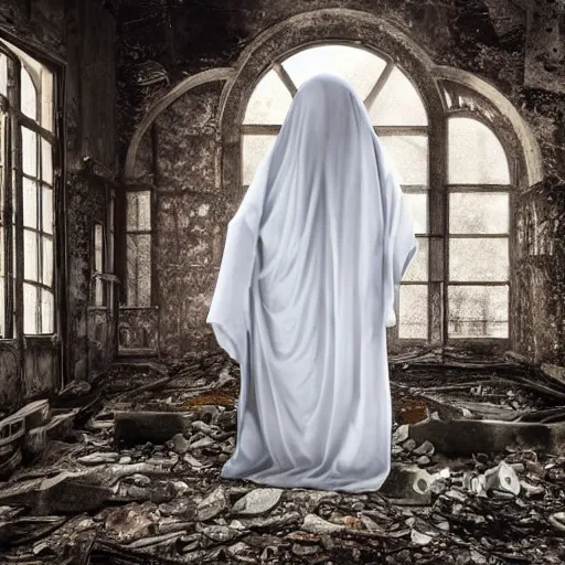 Image similar to ominous bedsheet ghost with cutout eyeholes walking through an old destroyed building, oil painting, gloomy misty atmosphere, symmetrical, full body image, highly ornate intricate details, very sharp photo,