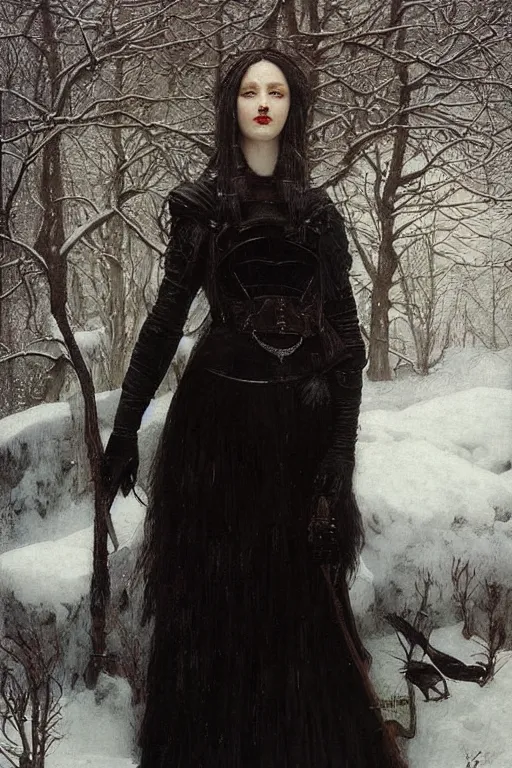 Prompt: portrait of a warrior, amazon, slav, refined features, red lips, long snow - white hair, standing in a dark forest, crows, black closed velvet dress, leather armor, iron armor, white boots, fur, clothes alexander mcqueen very beautiful style, photorealism, bouguereau, edgard maxence