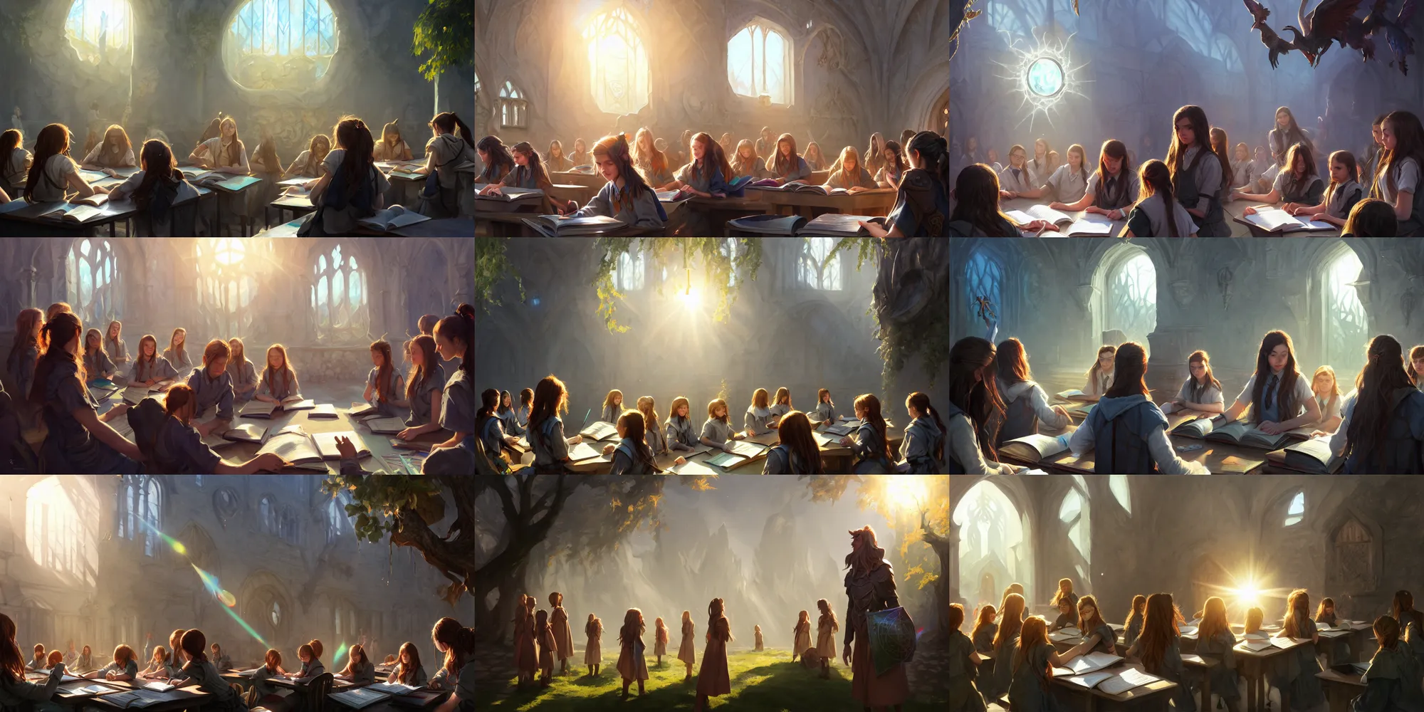 Prompt: Strixhaven school for gifted magical beings, D&D fantasy, magical school, close-up group of students studying, school courtyard, bright day light sun, bloom, lens flare, highly detailed, digital painting, trending on artstation, pixiv, concept art, sharp focus, illustration, art by Greg Rutkowski