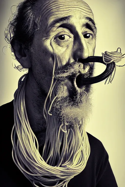 Image similar to extremely detailed portrait of old italian cook, spaghetti mustache, slurping spaghetti, spaghetti in the nostrils, spaghetti hair, spaghetti beard, huge surprised eyes, shocked expression, scarf made from spaghetti, full frame, award winning photo by michal karcz and yoshitaka amano