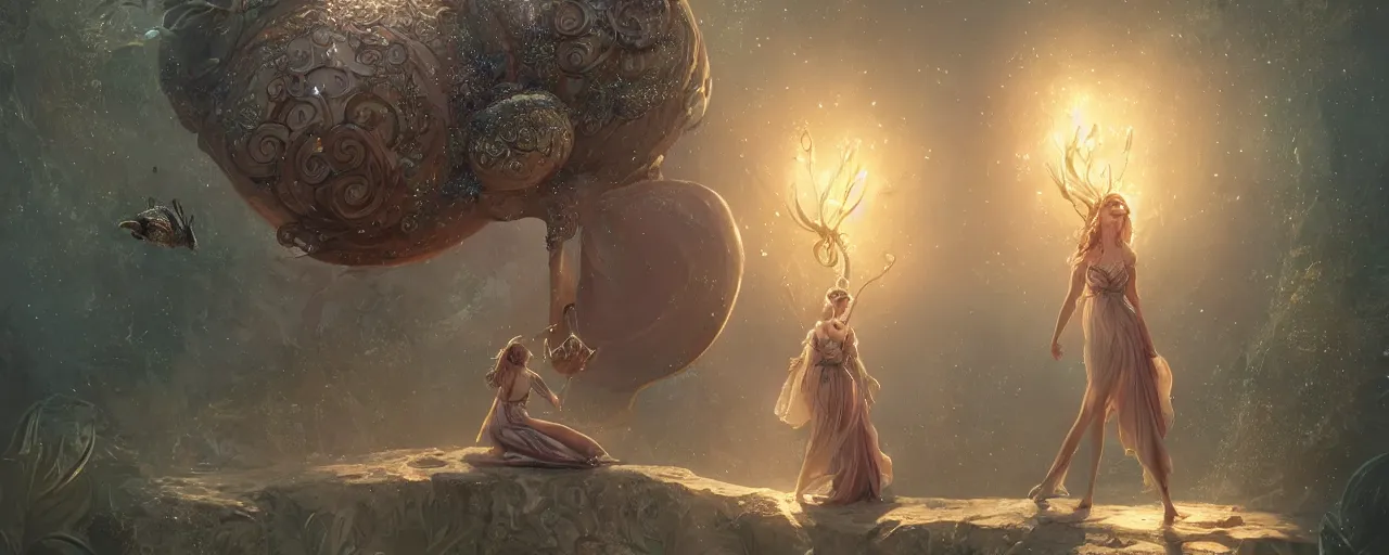 Prompt: a beautiful fairy next to a giant snail with sparkles, D&D, fantasy, intricate, cinematic lighting, highly detailed, digital painting, artstation, concept art, smooth, sharp focus, illustration, art by Terry Moore and Greg Rutkowski