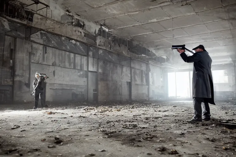 Prompt: a man wearing a trenchcoat and firing with a shotgun in an abandoned industrial complex, intricate details, cinematic, wide angle