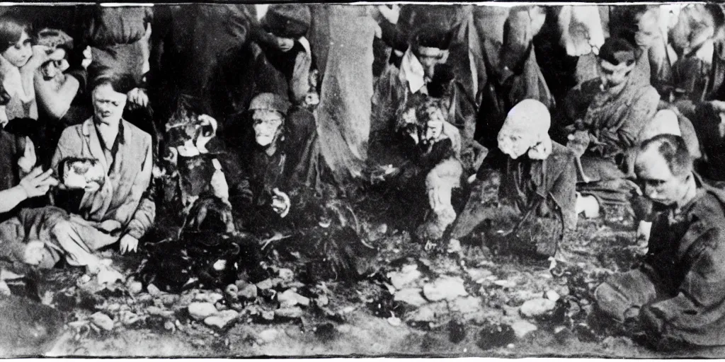 Prompt: creepy photo of people in the 1930\'s holding a ritual around a small black stone, 70mm film, old film, found film, scary, ominous, disturbing