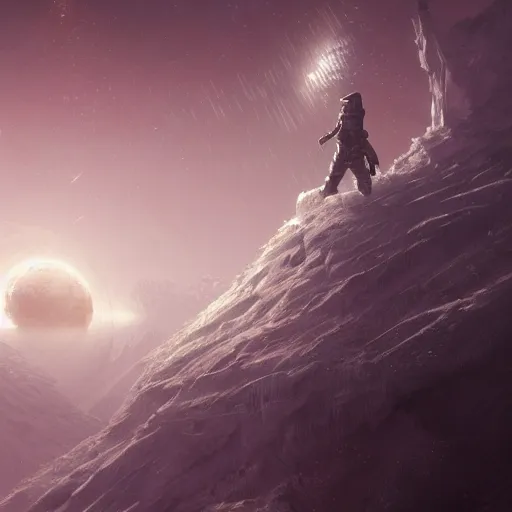 Image similar to no man sky concept art, fantasy, intricate, elegant, highly detailed, soft white glow, icey planet, absolute zero temperature, digital painting, artstation, concept art, smooth, sharp focus, illustration, art by by greg rutkowski, by Gustave Dore