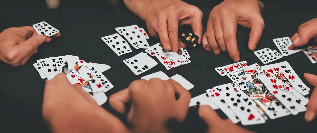 Prompt: a high quality color extreme creepy atmospheric wide dutch angle hd 4 k film 3 5 mm photograph of closeup of hands of caucasian men playing cards, smoking cigarettes with full ashtray on a table