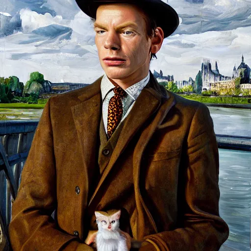 Image similar to high quality high detail painting by lucian freud, ewan mcgregor is standing by the river seine on a bridge in the morning. he is wearing a gentleman ´ s outfit with a bowler hat. next to him at his feet is lying a brown cat. ewan mcgregor is painting a canvas that is put on an easel. morning light, 4 k