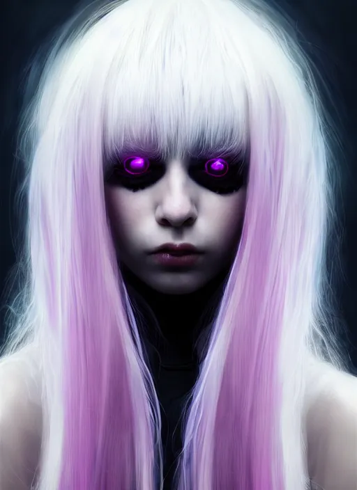 Image similar to hair whitebangs hair, black cyberlox, portrait of normal teenage girl, white bangs, messy bangs, fluffy bangs, cyberlox, whitebangs, red contact lenses, purple background, intricate, elegant, highly detailed, digital painting, artstation, concept art, sharp focus, smooth, illustration, art by wlop, mars ravelo and greg rutkowski