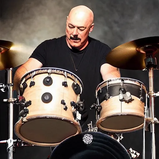 Prompt: Neil Peart as a bald guy with a beard playing drums on stage, hyper realistic, extremely detailed, soft lighting