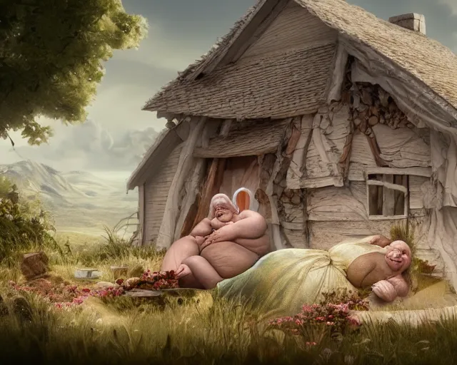 Image similar to of a very beautiful scene. ambient occlusion render. a sweet fat old woman is giving birth to her broken house. hyper realistic. 4 k. wide angle. wild. symmetrical face, red mouth, blue eyes. deep focus, lovely scene. ambient occlusion render. concept art. unreal engine.