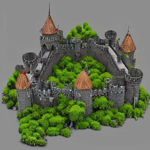 Image similar to medieval castle in a jungle, 3 d, isometric, courtyard, very low poly