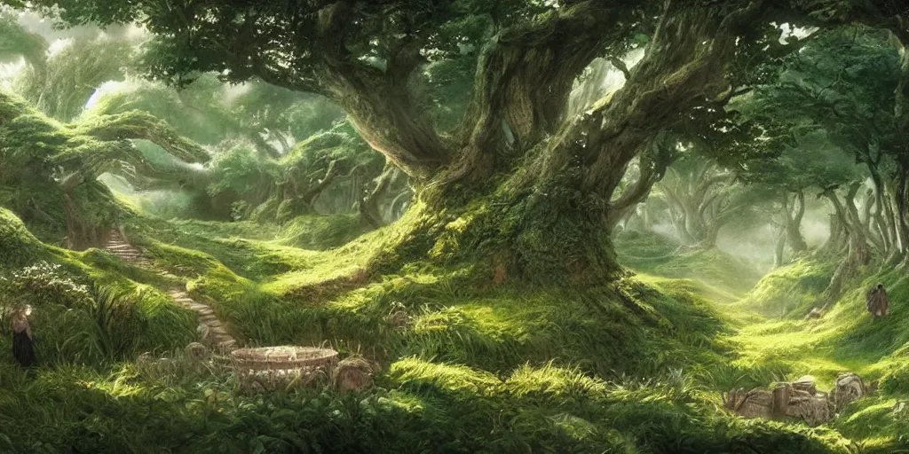 Image similar to lush and beautiful concept art for the shire, lord of the rings, peter jackson, studio ghibli, detailed,