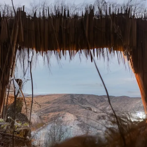 Image similar to a cinematic movie shot of a rustic multi-story ramshackle hut in the magical forest