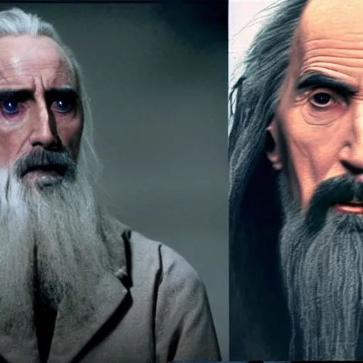 Prompt: Christopher Lee as Saruman as Walter White wearing a Hazmat suit