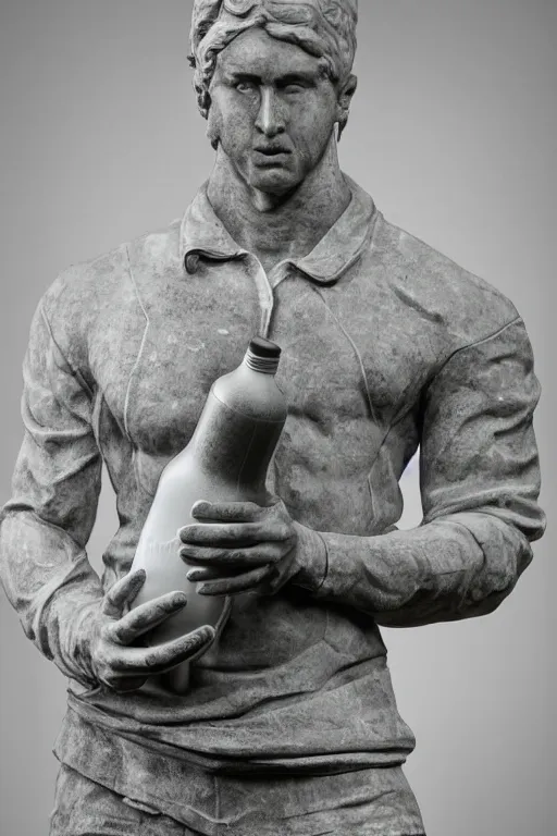 Prompt: marble sculpture of man in Adidas winter jacket sportswear holding a marble bottle beer, intricate sculpture, chiseled muscles, godlike, museum photo