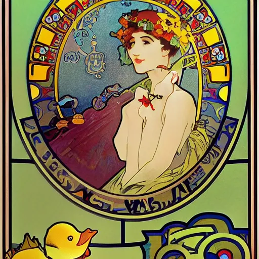 Image similar to a matte portrait of a highly decorated rubber duck with a dreamy expression, highly detailed, illustration by alphonse mucha