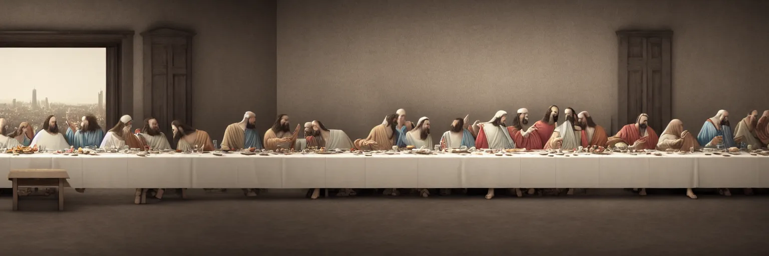 Image similar to hyper realistic photo of the last supper with an empty table, octane render