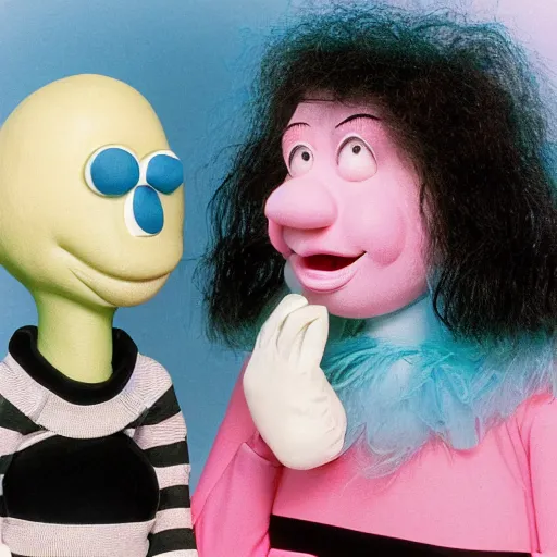 Prompt: 1985 two women on tv talk show wearing a long prosthetic snout nose made of gooey green slime, soft color wearing stripes sitting on chairs covered in soft light blue fabric, pink slime everywhere, grey striped walls, studio lighting 1985 color film archival footage holding a hand puppet that looks like Caspar the Friendly Ghost, 16mm John Waters Russ Meyer Cassavetes Doris Wishman