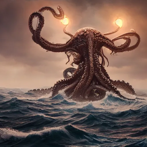 Image similar to a kraken rising out of a stormy sea, au naturel, hyper detailed, digital art, trending in artstation, cinematic lighting, studio quality, smooth render, unreal engine 5 rendered, octane rendered, art style by klimt and nixeu and ian sprigger and wlop and krenz cushart