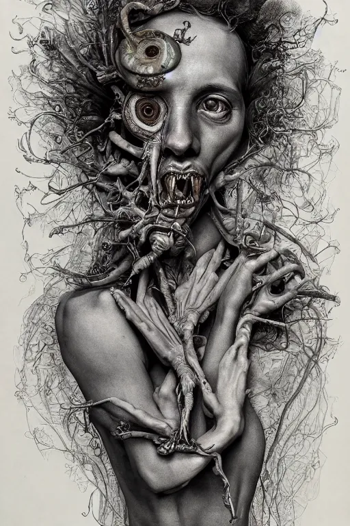 Image similar to Detailed maximalist portrait of a greek god with large lips and eyes, scared expression, botanical anatomy, skeletal with extra flesh, HD mixed media, 3D collage, highly detailed and intricate, surreal illustration in the style of Jenny Saville, dark art, baroque, centred in image