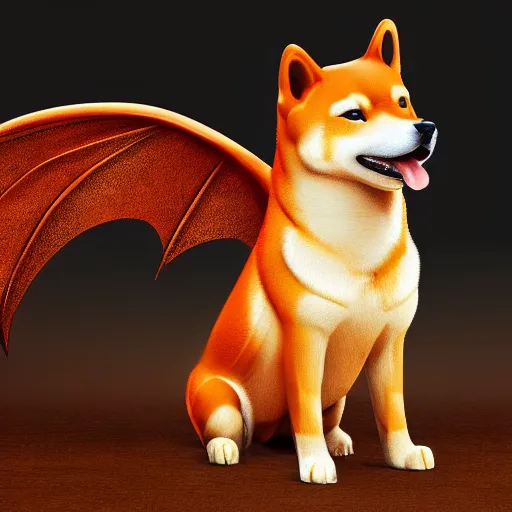 Image similar to a painting of a shiba inu with dragon wings, hd, hdr, ue 5, ue 6, unreal engine 5, cinematic 4 k wallpaper, 8 k, ultra detailed, high resolution, artstation, award winning