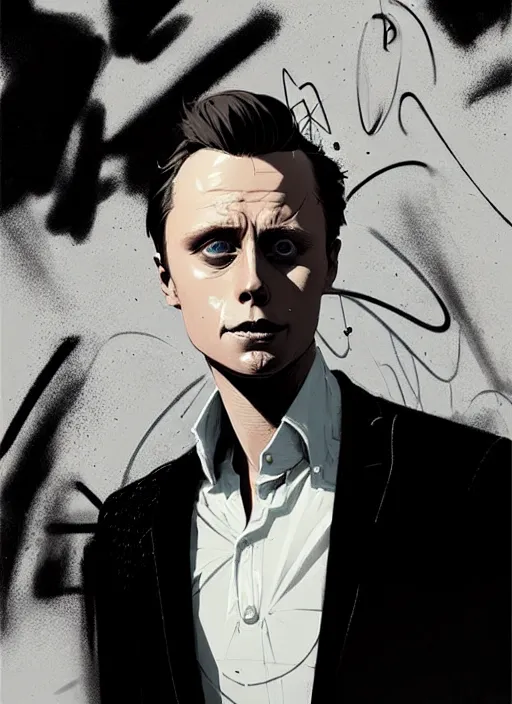 Image similar to highly detailed closeup portrait of martin wallstrom, tyrell wellick, slick back hair wearing suit by atey ghailan, by greg rutkowski, by greg tocchini, by james gilleard, by joe fenton, by kaethe butcher, gradient blue, black and white only color scheme, grunge aesthetic!!! ( ( graffiti tag wall background ) )