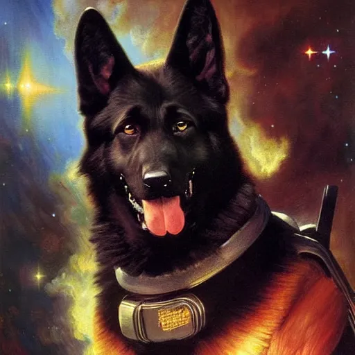 Image similar to a portrait of a man depicted as a black german shepherd dogman canine, star trek the next generation, sitting in front of a console, explosions. highly detailed painting by gaston bussiere, craig mullins, j. c. leyendecker, furry