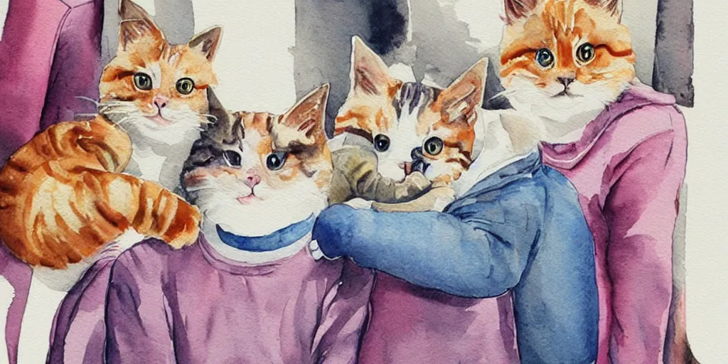 Image similar to watercolor illustration style, cute! cats!!! in jackets grow up like specialist and became professionals, business, inspiring art