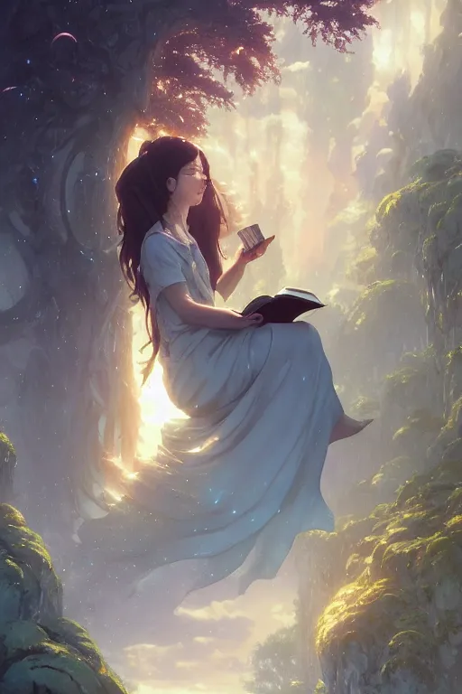Image similar to highly detailed portrait of beautiful girl reading a book in avatar, dynamic pose, stephen bliss, unreal engine, fantasy art by greg rutkowski, loish, rhads, ferdinand knab, makoto shinkai and lois van baarle, ilya kuvshinov, rossdraws, tom bagshaw, global illumination, radiant light, detailed and intricate environment