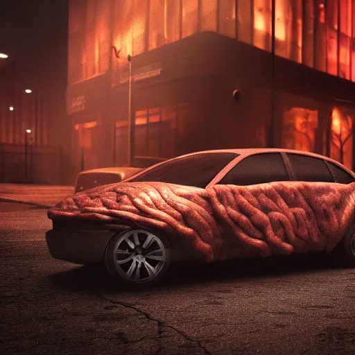 Image similar to car made of meat, 8 k, octane render, scary, dark, city in backround, meaty, very meaty, super super meaty