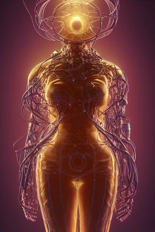 Image similar to a centered render of an alien bio - organic creature adorned with cables and synthesizer parts is surrounded by sacred geometry, full body, bio - mech face, powerful, cinematic, beautifully lit, by artgerm, by karol bak, 3 d, trending on artstation, octane render, 8 k