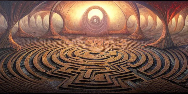 Prompt: painting of a labyrinth in the style of nebulapunk by dan seagrave and tomasz alen kopera