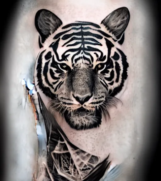 Image similar to tattoo design of a beautiful girl warrior under a tiger head, hyper realistic, realism tattoo, by eliot kohek, beautiful eyes, realistic face, black and white, white background