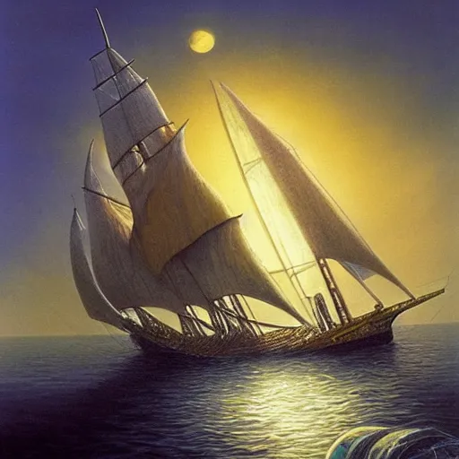 Image similar to A pirate on the high seas that has magical pearlescent shimmering see through sails, painting by David A Hardy