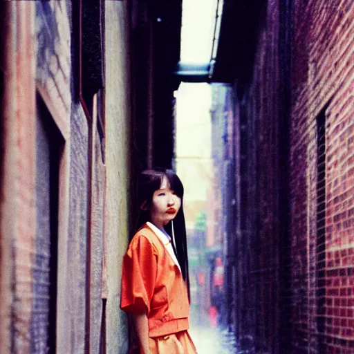 Image similar to 1990s perfect 8K HD professional cinematic photo of close-up japanese schoolgirl posing in sci-fi dystopian alleyway at morning during rain, at instagram, Behance, Adobe Lightroom, with instagram filters, depth of field, taken with polaroid kodak portra