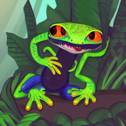 Image similar to anthro cartoon gecko wearing a hoodie, large cute eyes, in the jungle, animated, illustration, concept art.