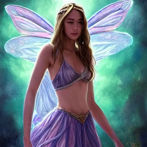 Prompt: Alycia Debnam-Carey as very very very beautiful fairy princess with fairy wings, bare midriff, one foot raised off the ground, full body portrait, eye contact, smiling, flirty, perfect face, perfect body, drawn by artgerm