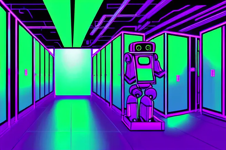 Image similar to realistic robot in a data server room, neon and dark, purple and blue color scheme, by dan mumford and malevich