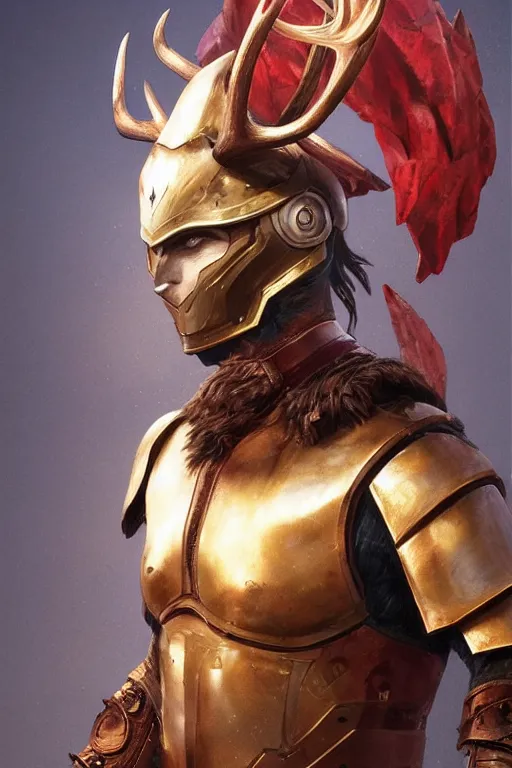 Prompt: portrait of the warrior wearing the epic artifact headgear deer god\'s helmet by artgerm and Craig Mullins, James Jean, Andrey Ryabovichev, Mark Simonetti and Peter Morbacher 16k