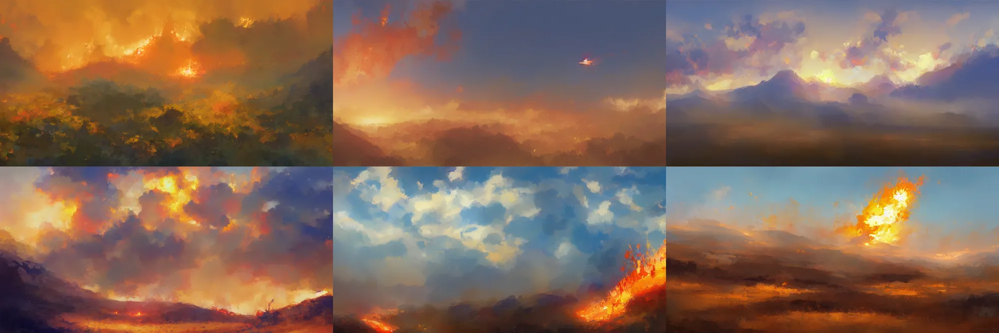 Prompt: simplistic painting of fire in the blue sky, by craig mullins, featured on artstation