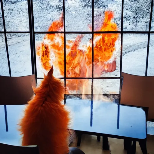 Image similar to a photograph of an orange humanlike dog in his house, sitting relaxed at a table, ☕ on the table, surrounded by flames and fire, smoke above him