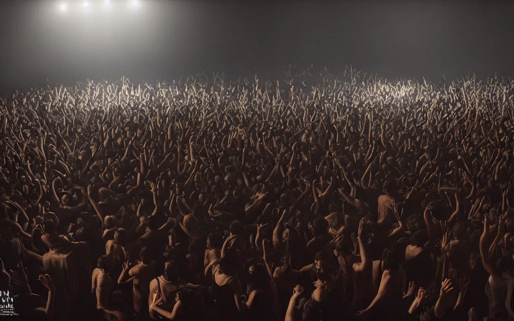 Prompt: photography of a techno party, people with bright eyes wearing black clothes dancing on a giant black wave, gregory crewdson, erwin olaf, epic composition, 4 k,