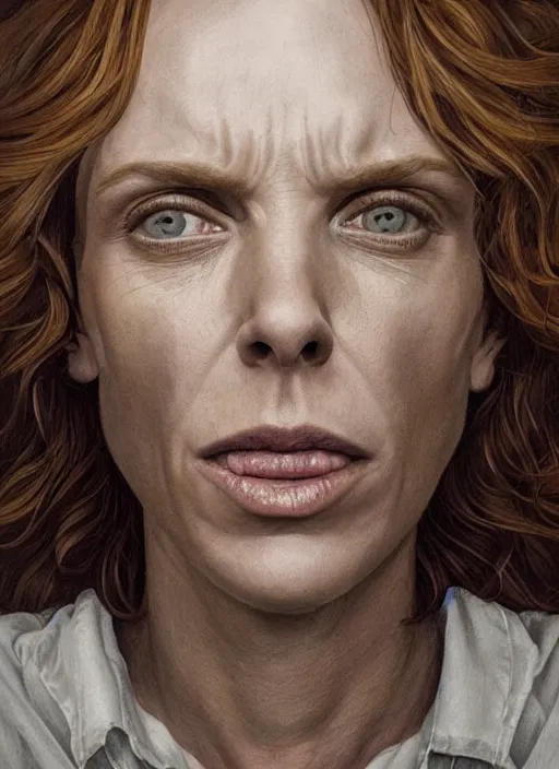 Image similar to portrait of Toni Collette in Hereditary (2018), highly detailed, centered, solid color background, digital painting, artstation, concept art, smooth, sharp focus, illustration, Jason Edmiston, donato giancola, Joseph Christian Leyendecker, Les Edwards, Ed Repka, WLOP, Artgerm